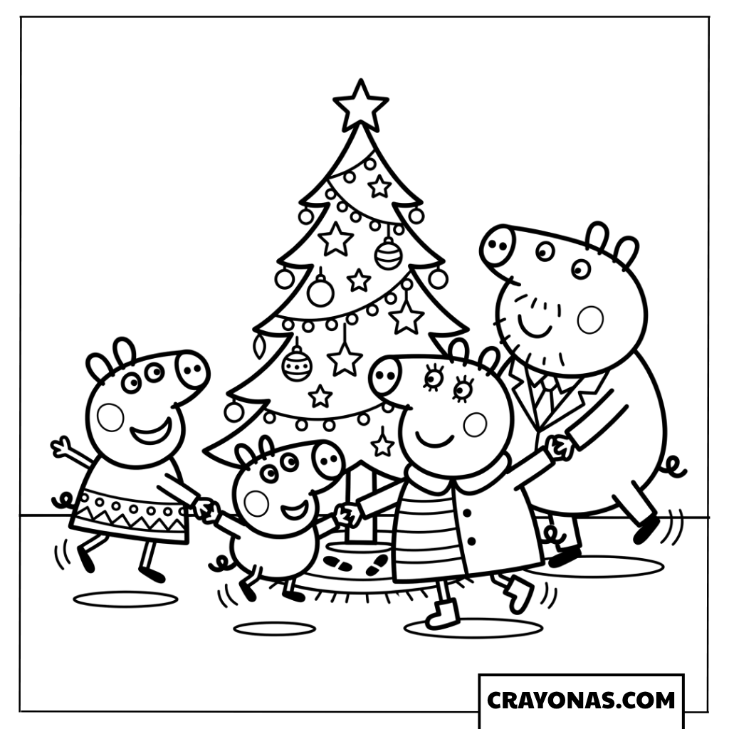 Peppa Pig Family Dancing Around Christmas Tree Coloring Page