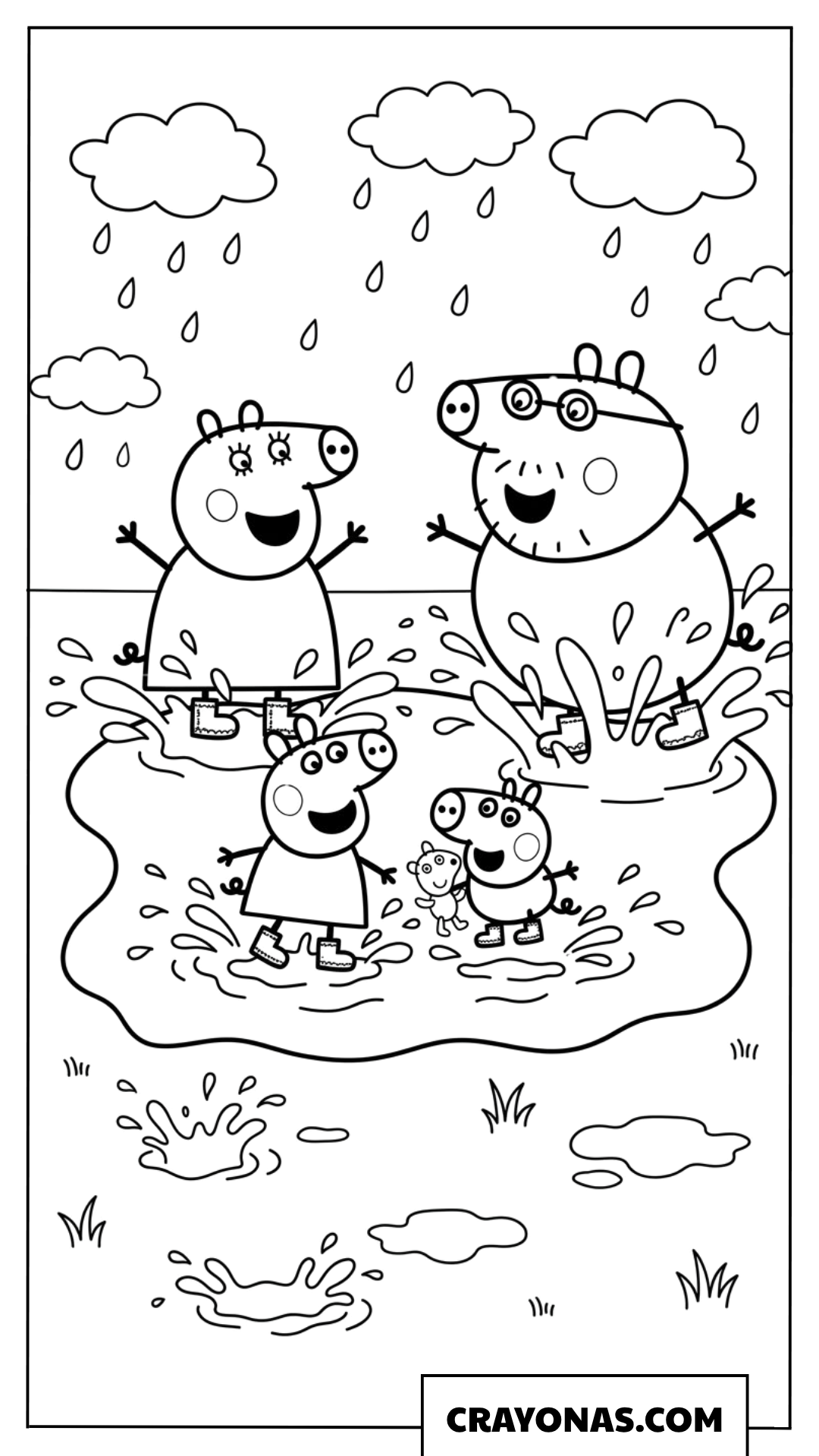 Peppa Pig Family Jumping in Muddy Puddles Coloring Page