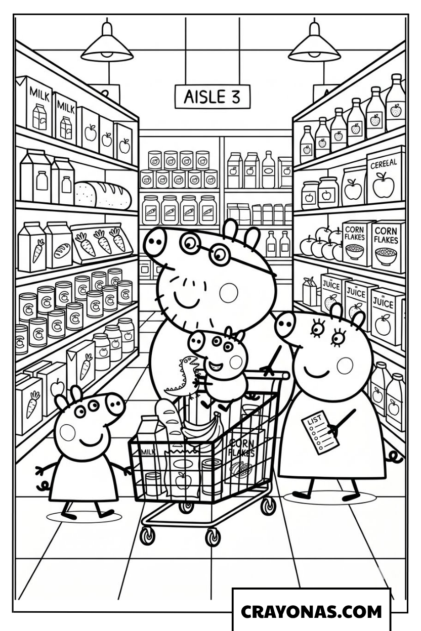 Peppa Pig Family Shopping Coloring Page