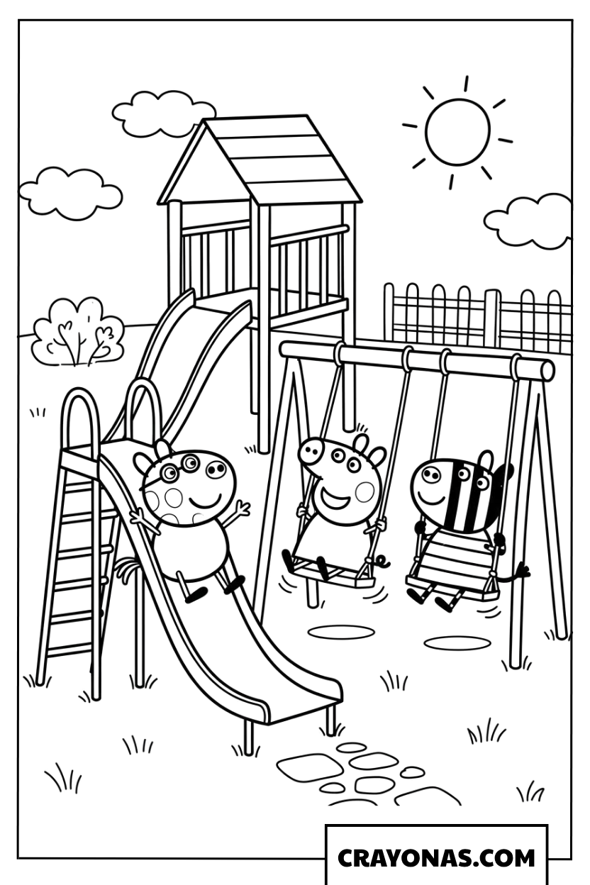 Peppa Pig, Pedro Pony and Zoe Zebra Playground Coloring Page