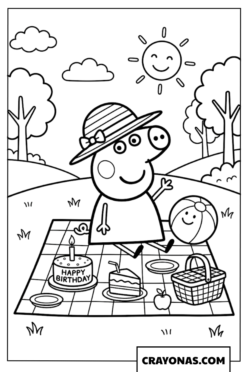 Peppa Pig Picnic Birthday Coloring Page