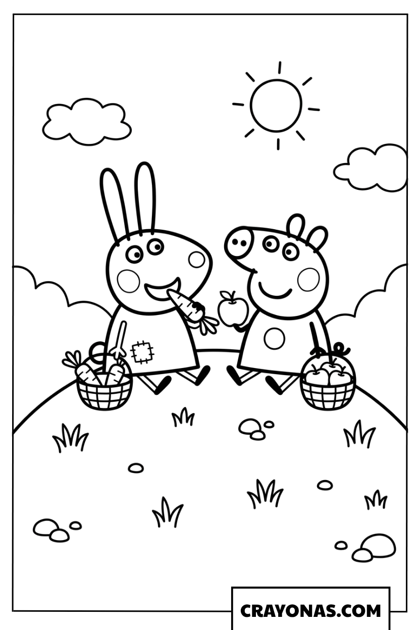 Peppa Pig and Rebecca Rabbit Eatting Coloring Page