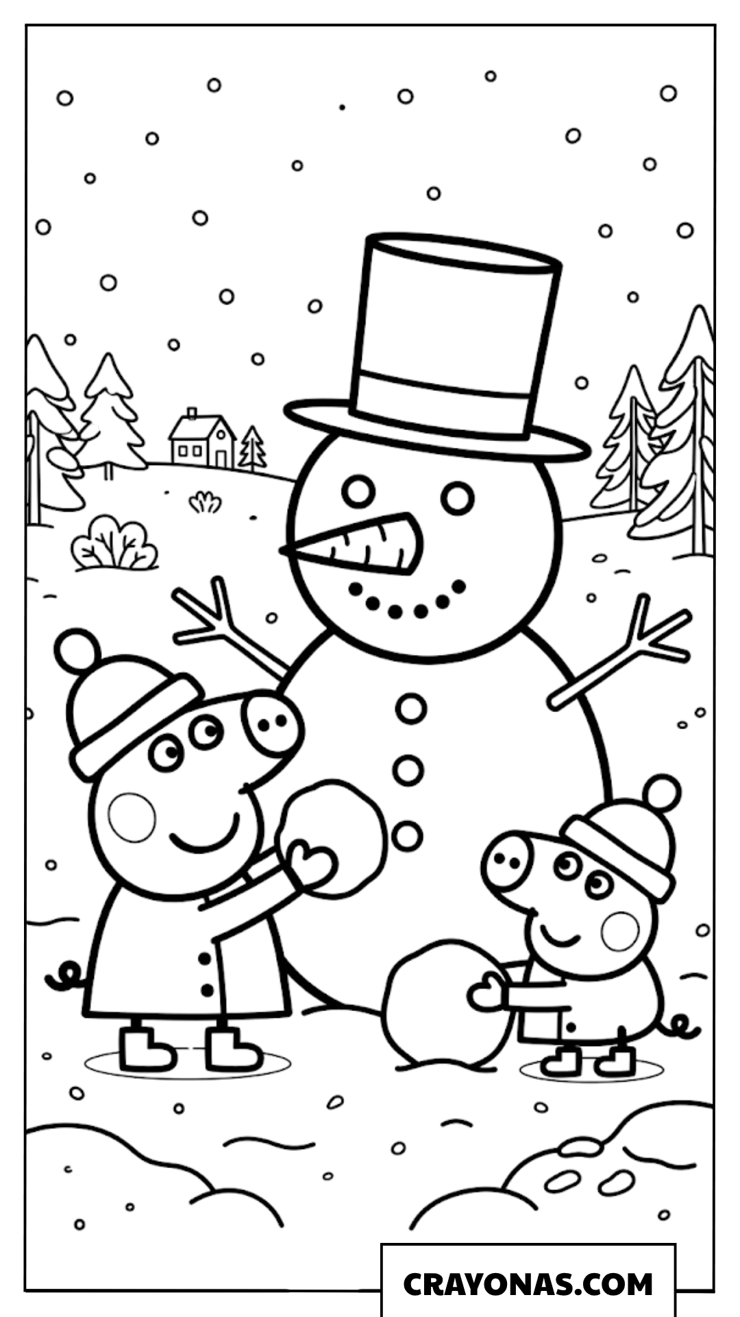 Peppa and George Pig Building Snowman Coloring Page