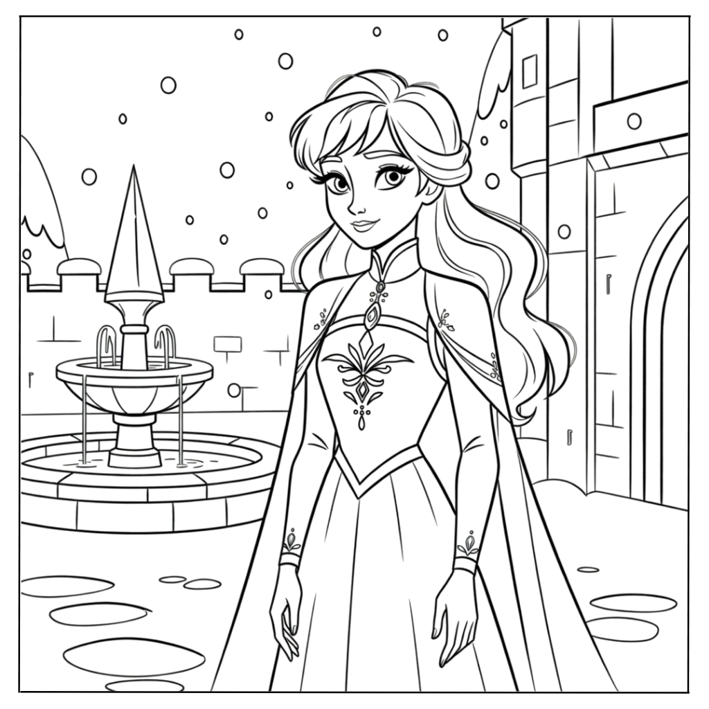 Princess Anna at the Castle Fountain Coloring Page