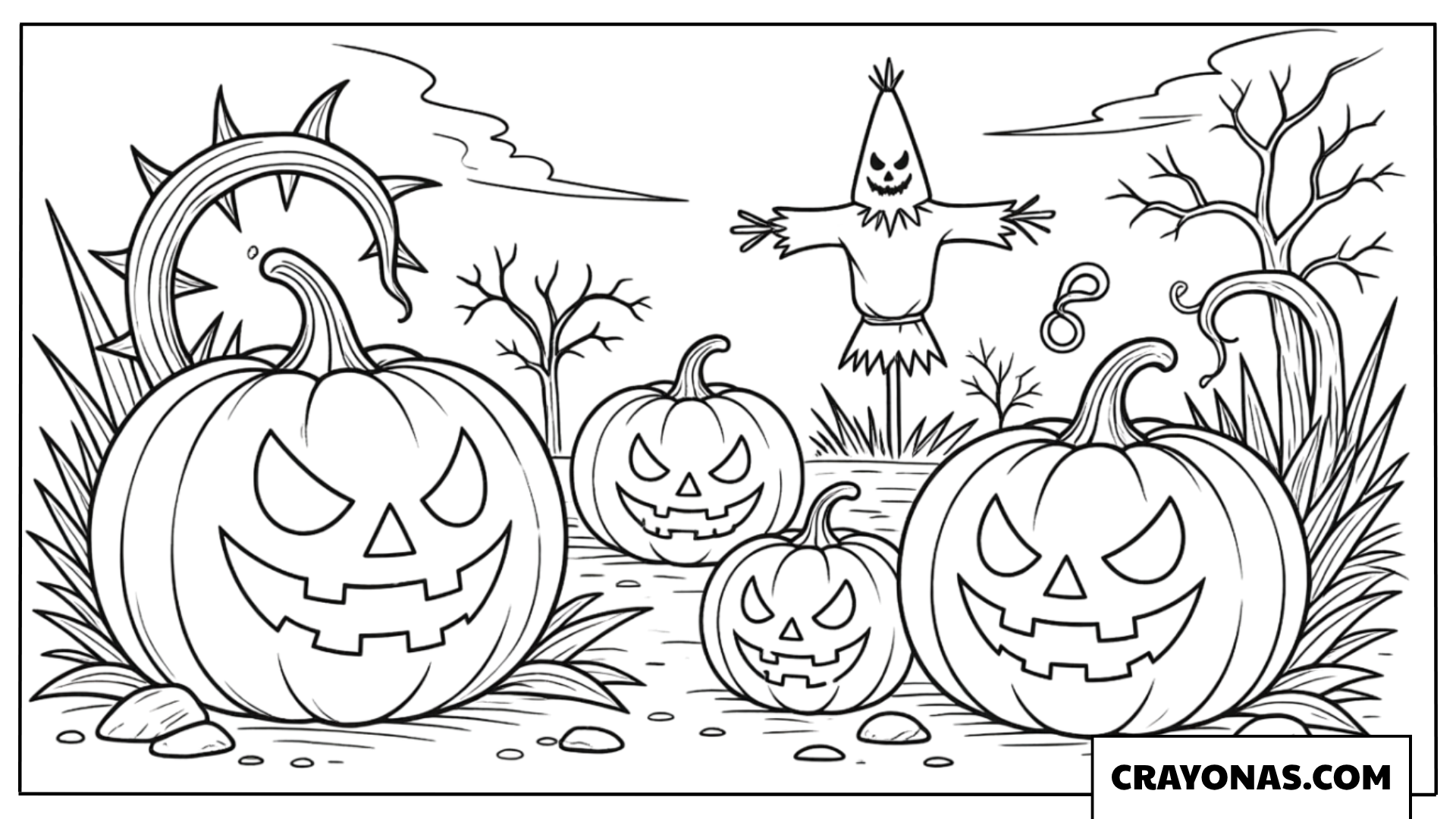 Pumpkin Patch with Haunted House Coloring Page
