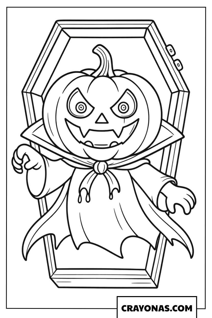 Pumpkin in Coffin with Ghost Coloring Page