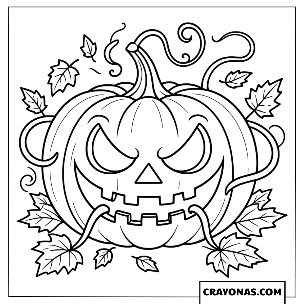 Pumpkin with Autumn Leaves Coloring Page