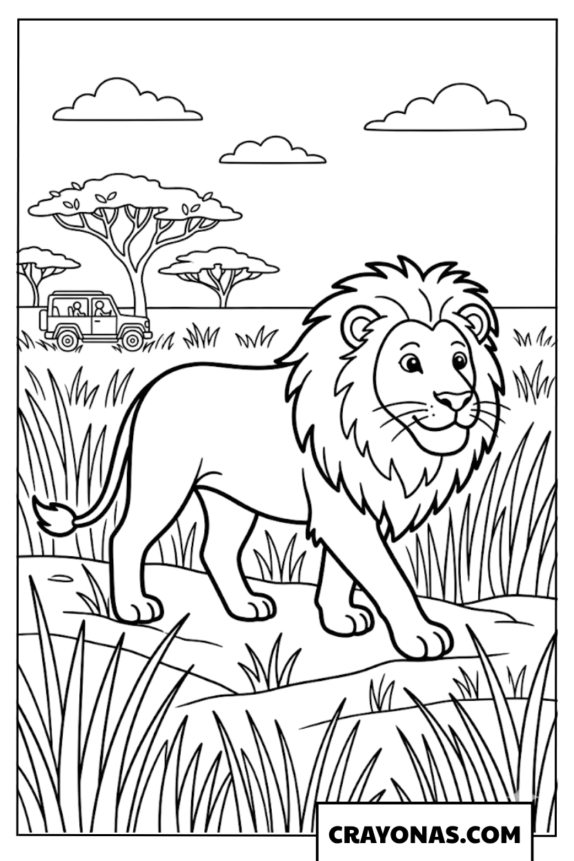 Realistic Lion in Savanna Coloring Page
