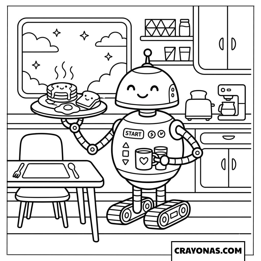 Robot Serving Breakfast coloring page