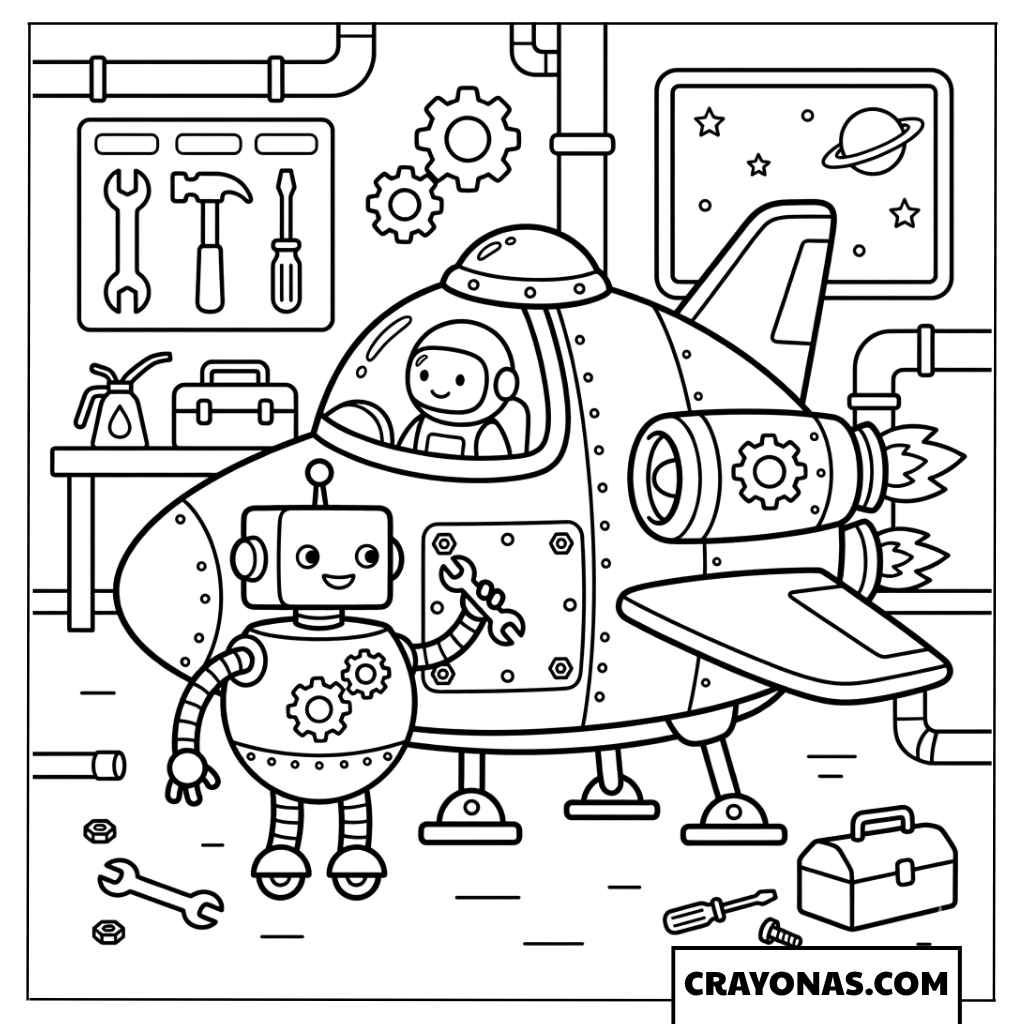 Robot and Spaceship coloring page