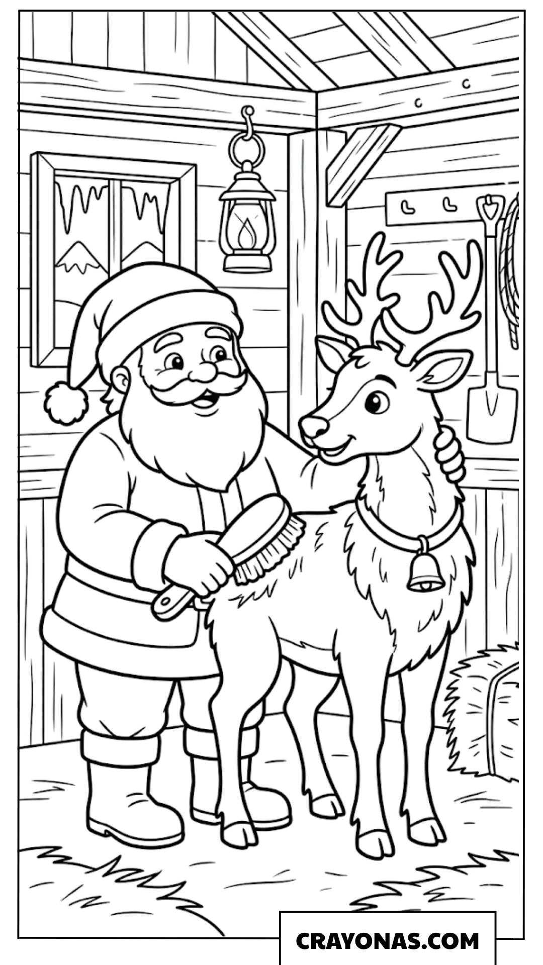 Santa Brushing Reindeer Coloring Page