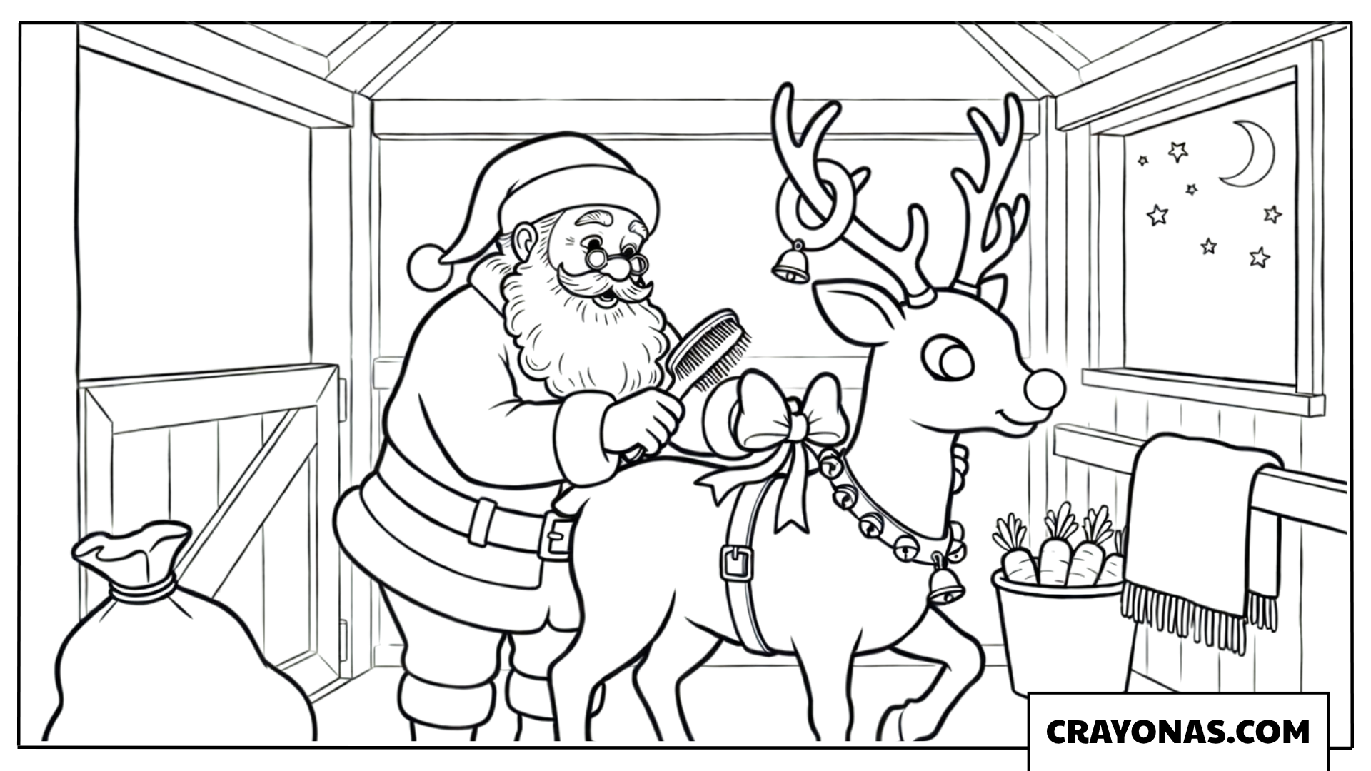 Santa Brushing Rudolph Coloring Page