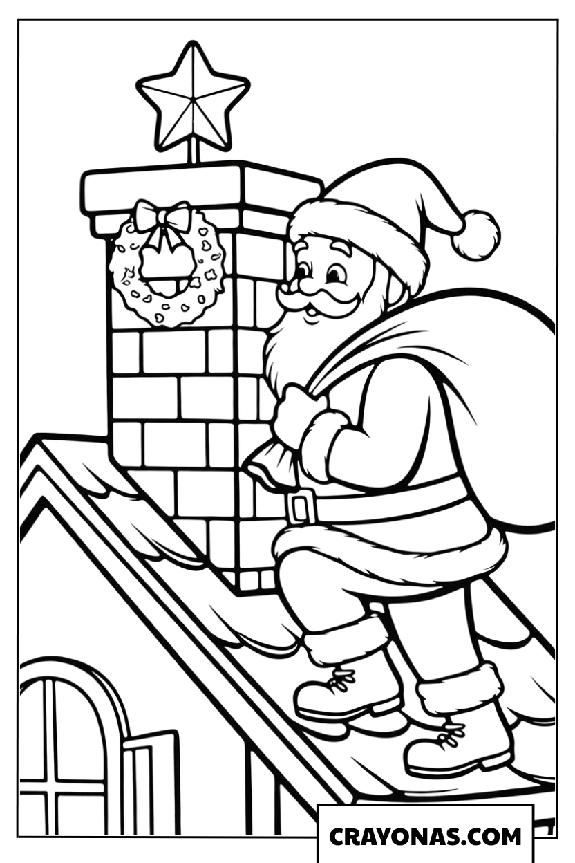 Santa Climbing Chimney Coloring Page