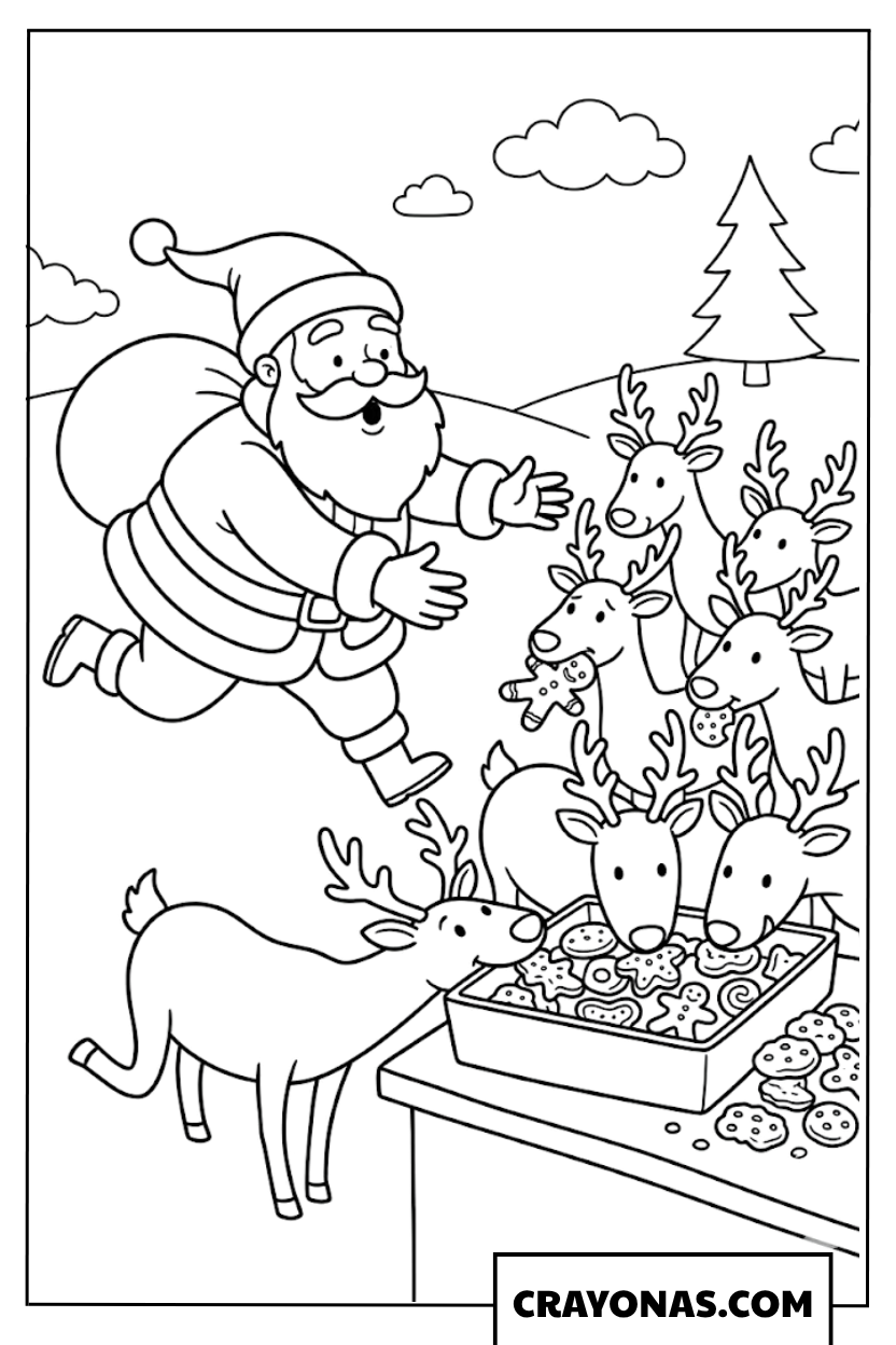 Santa Feeding Reindeer Cookies Coloring Page