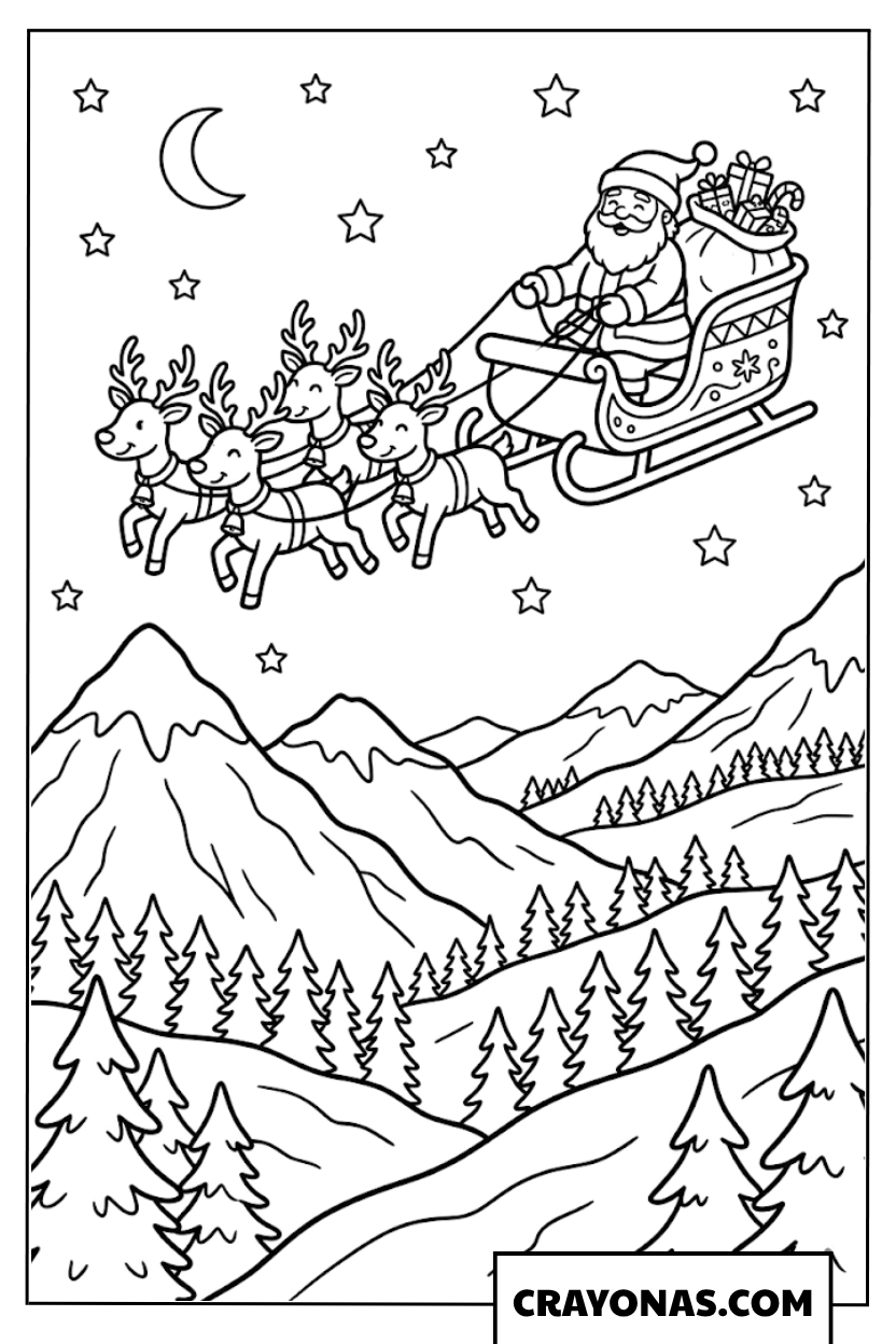 Santa Flying Sleigh Coloring Page
