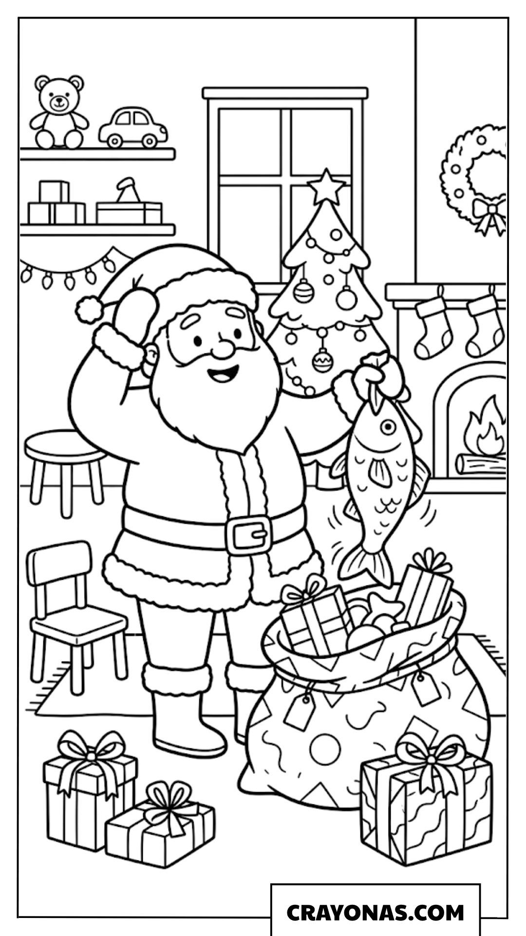 Santa Holding Fish Coloring Page