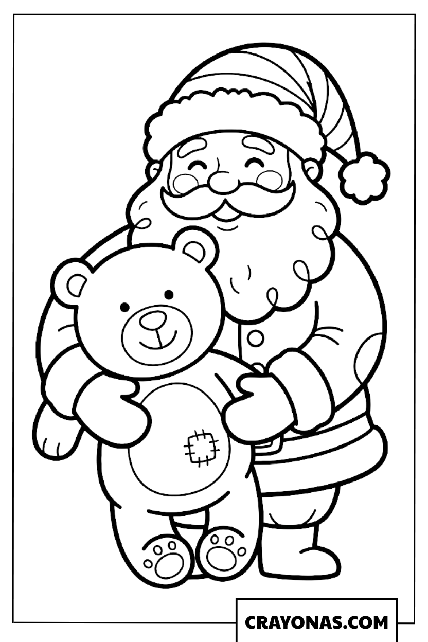 Santa Hugging Teddy Bear Coloring Page