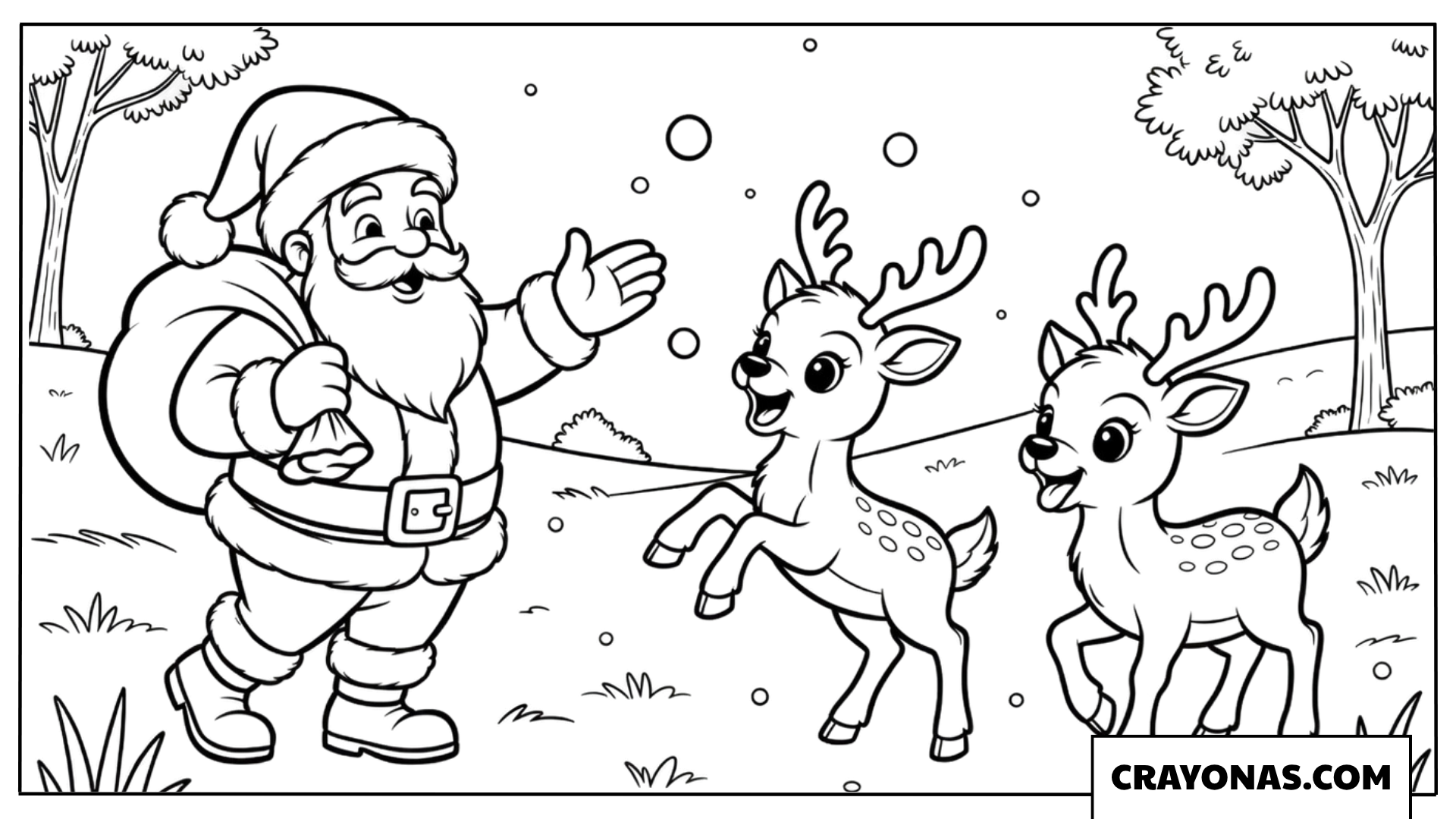 Santa Playing with Reindeer Coloring Page