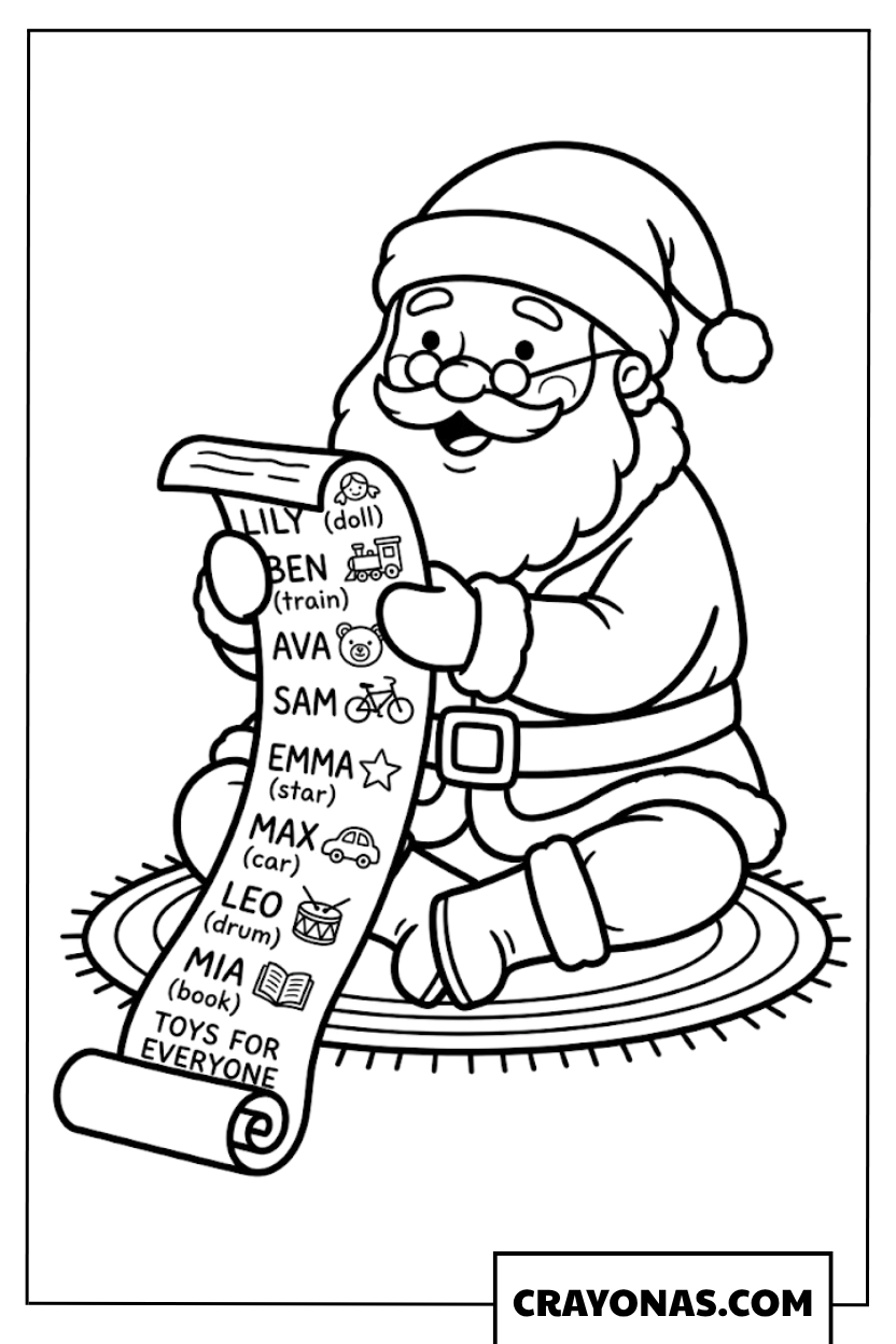 Santa Reading Gift List Coloring Page