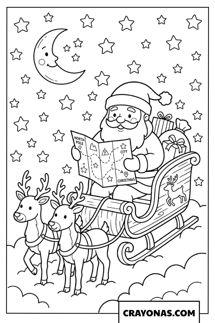 Santa Reading Map Coloring Page