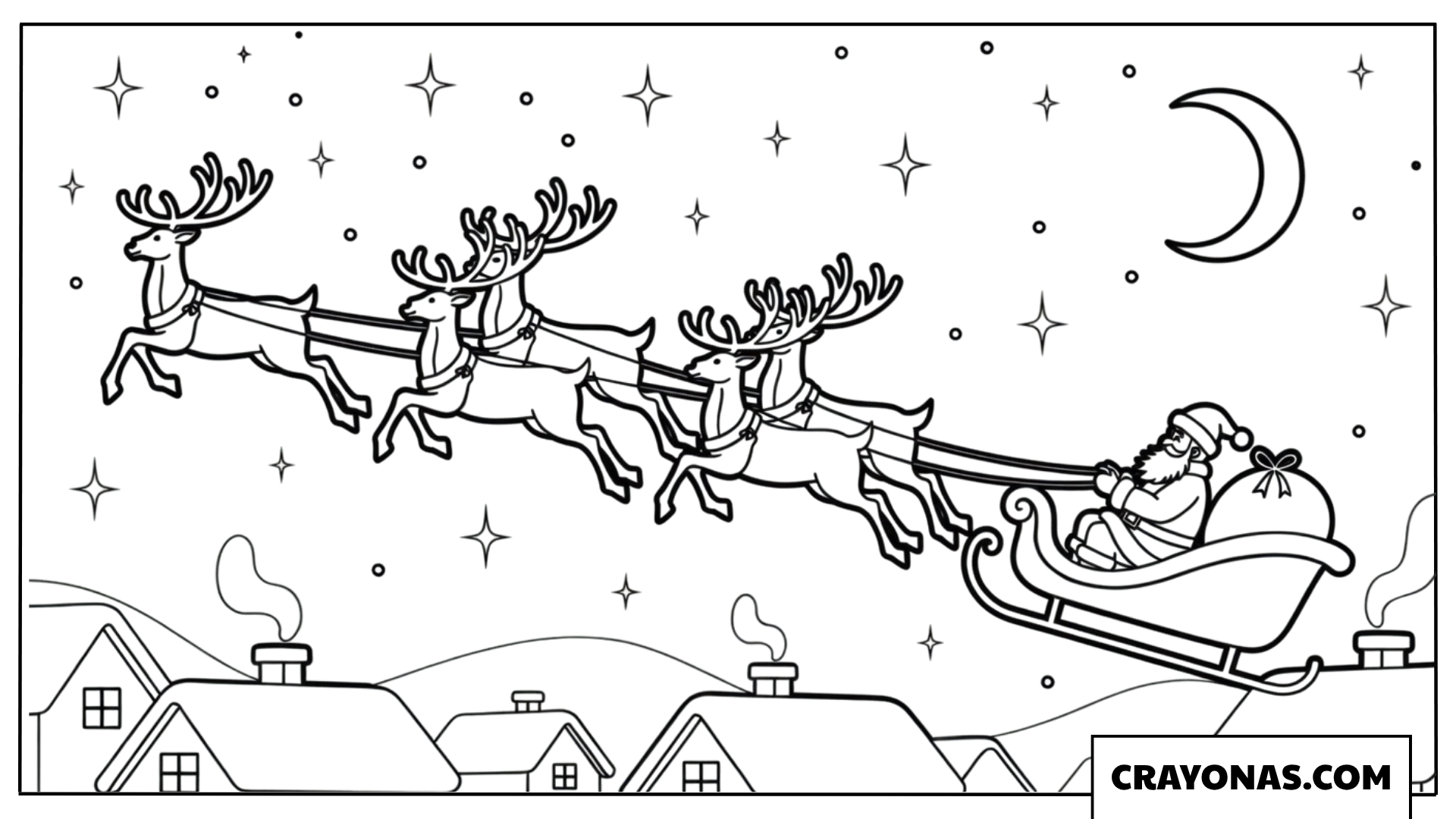 Santa Sleigh Flying Coloring Page