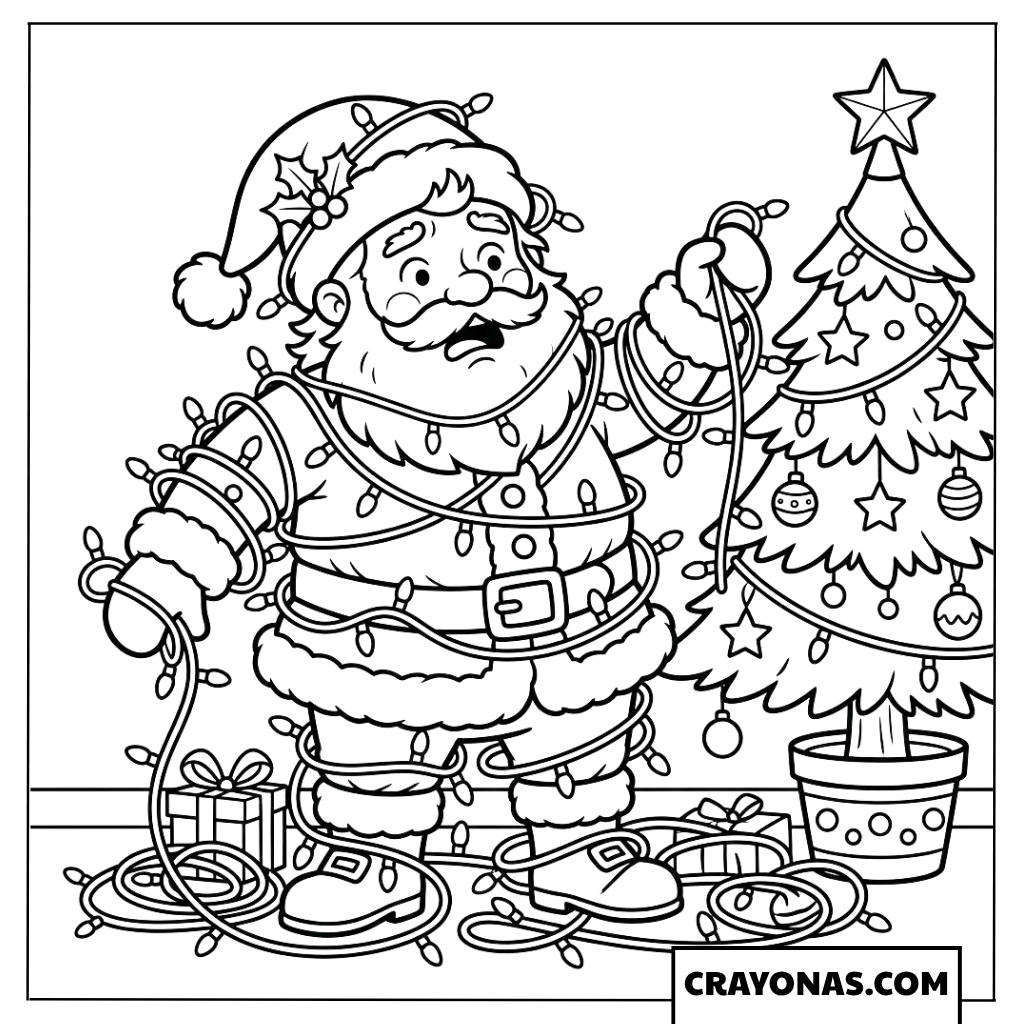 Santa Tangled in Lights Coloring Page