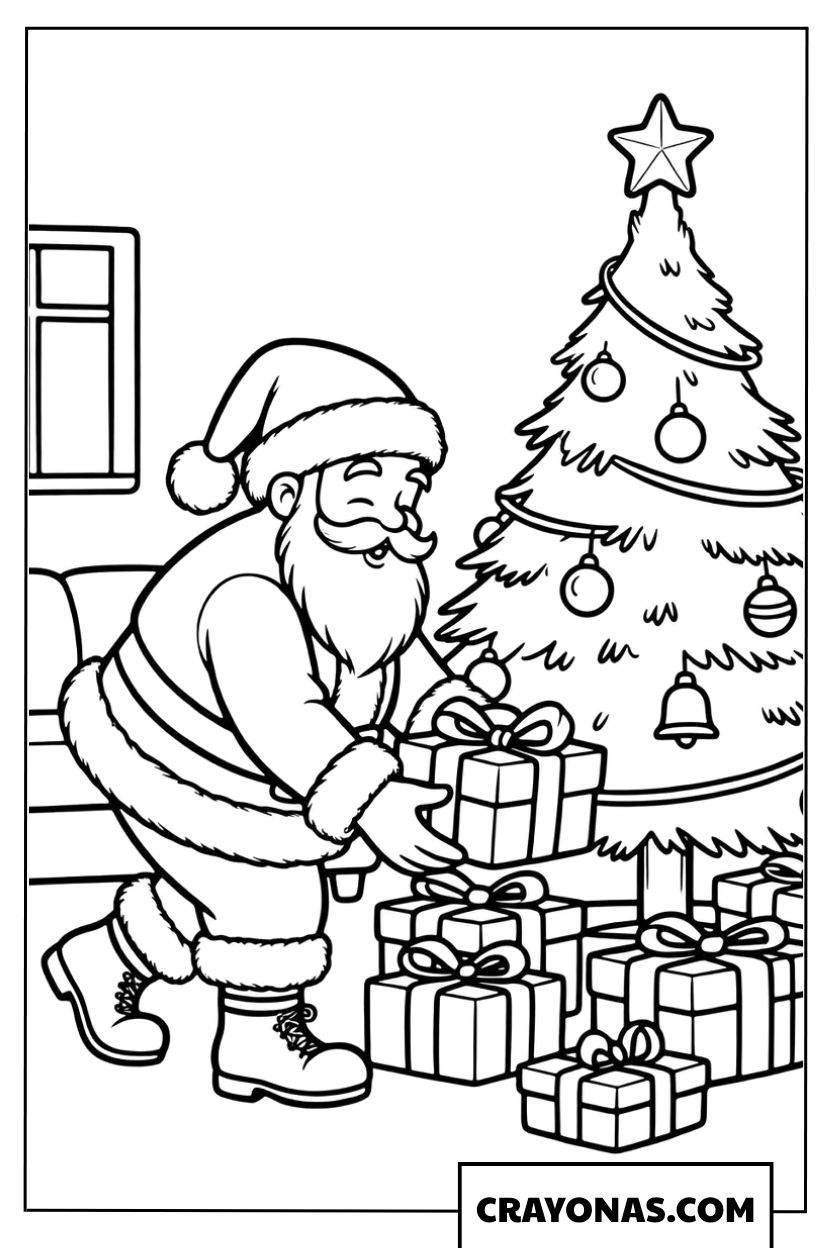 Santa Under Christmas Tree Coloring Page