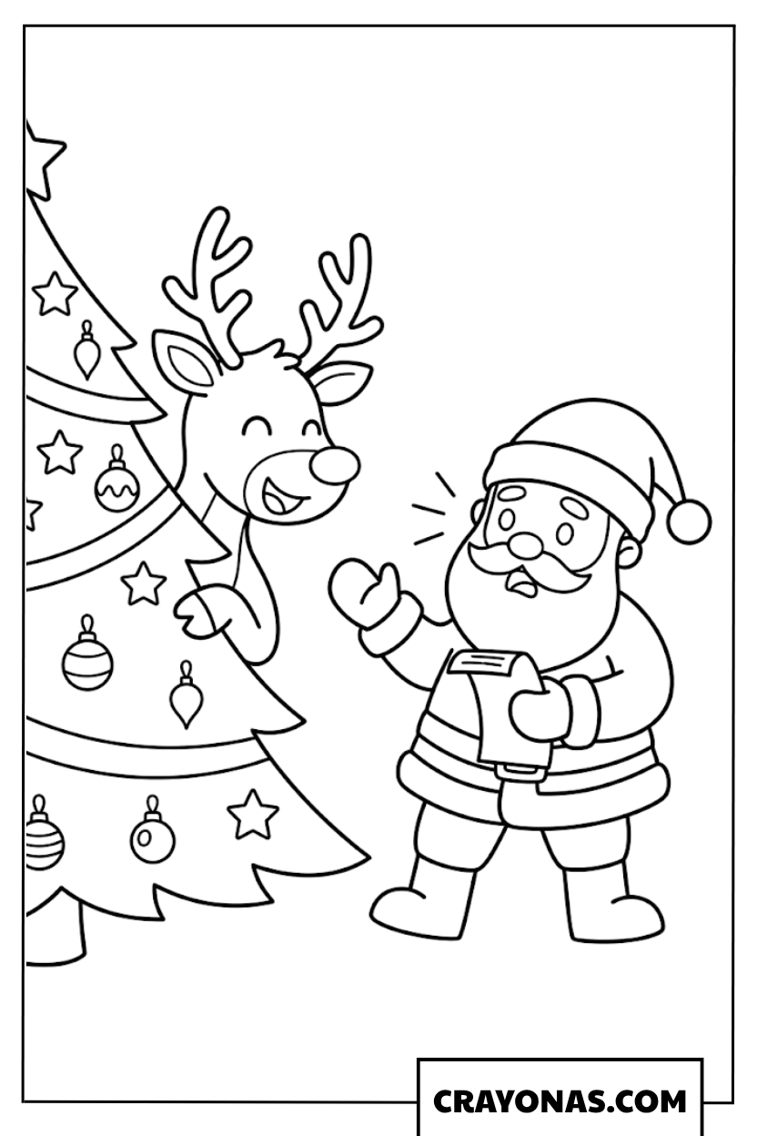 Santa and Rudolph’s Reindeer by Tree Coloring Page
