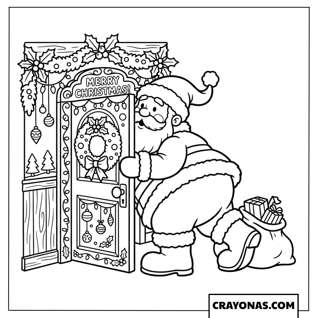Santa at Christmas Door Coloring Page
