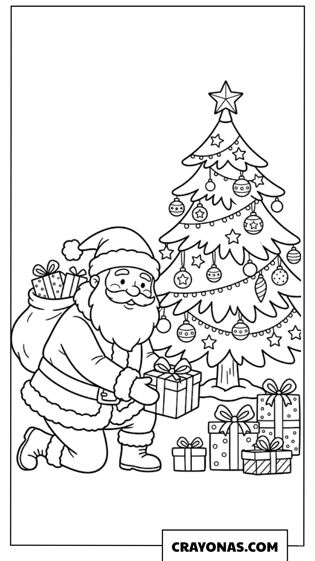 Santa by Christmas Tree Coloring Page