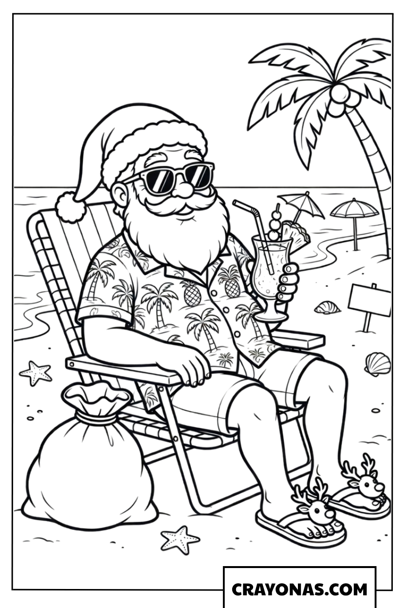 Santa on Beach Vacation Coloring Page