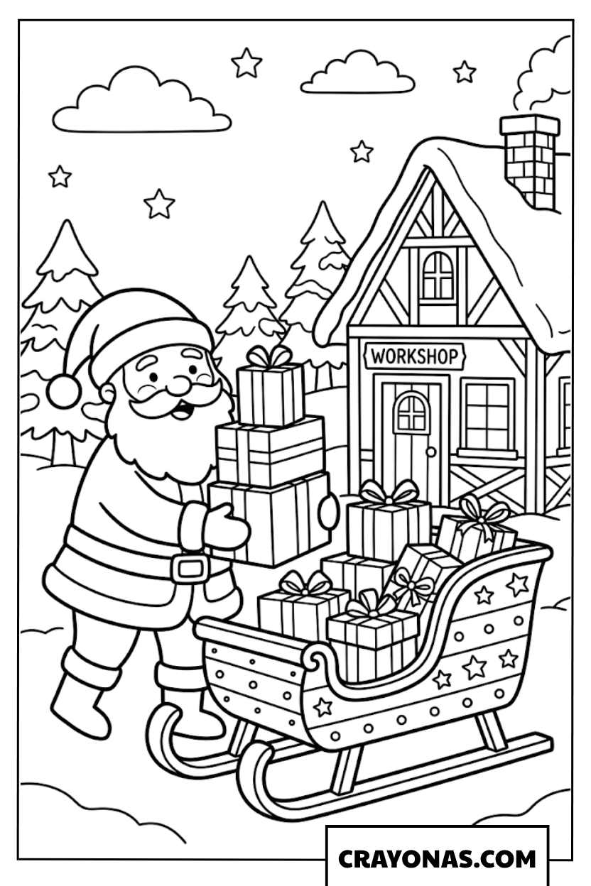 Santa with Sleigh Full of Gifts Coloring Page