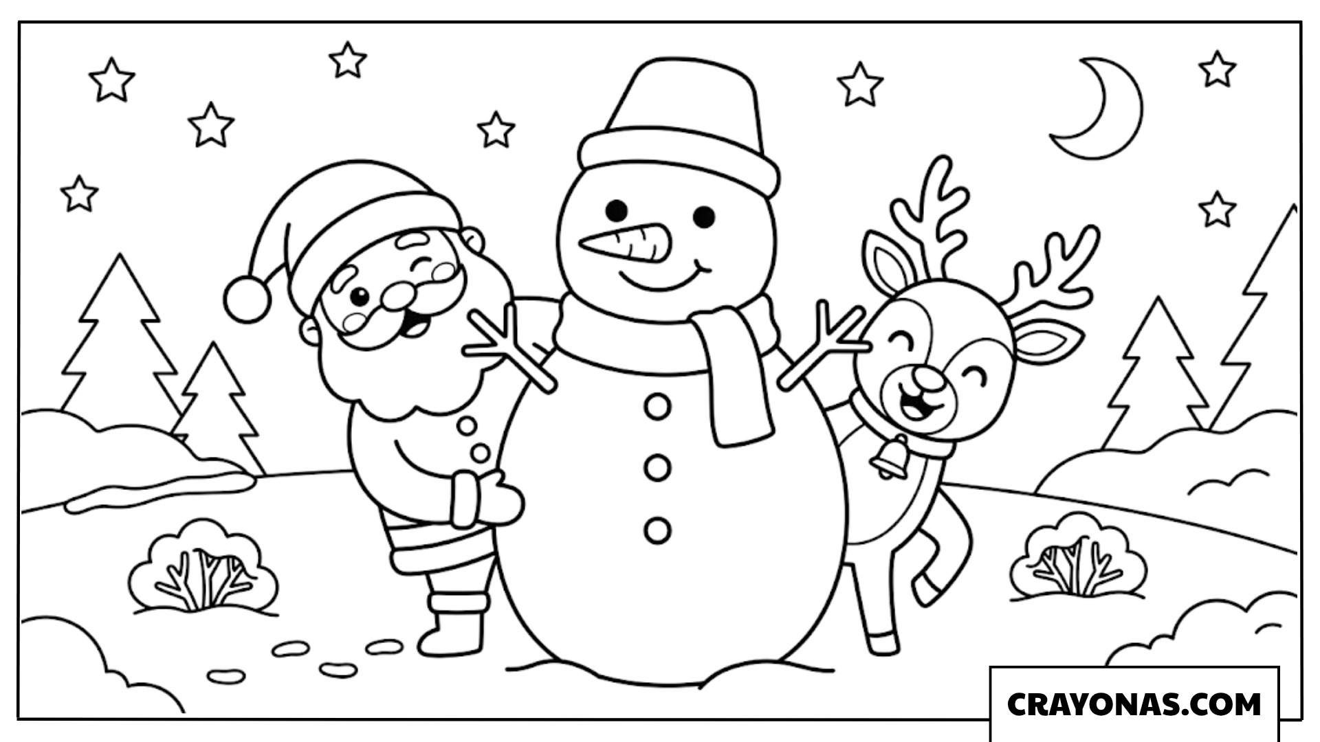 Santa with Snowman and Reindeer Coloring Page