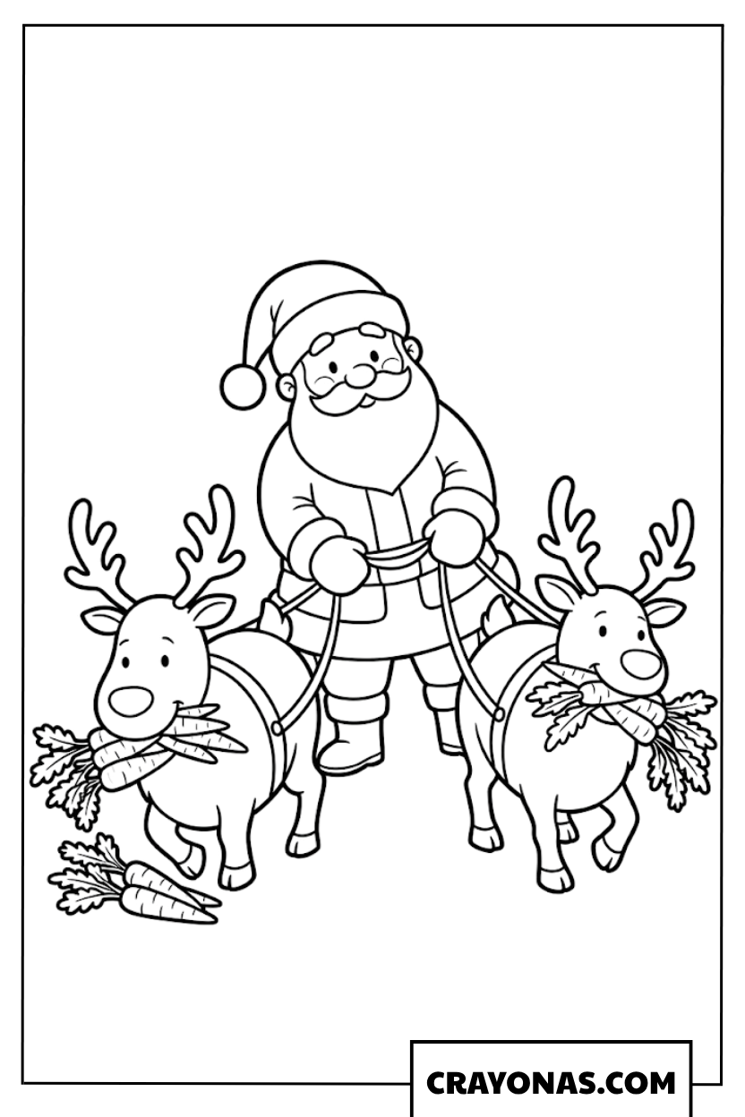 Santa with Two Reindeer Coloring Page