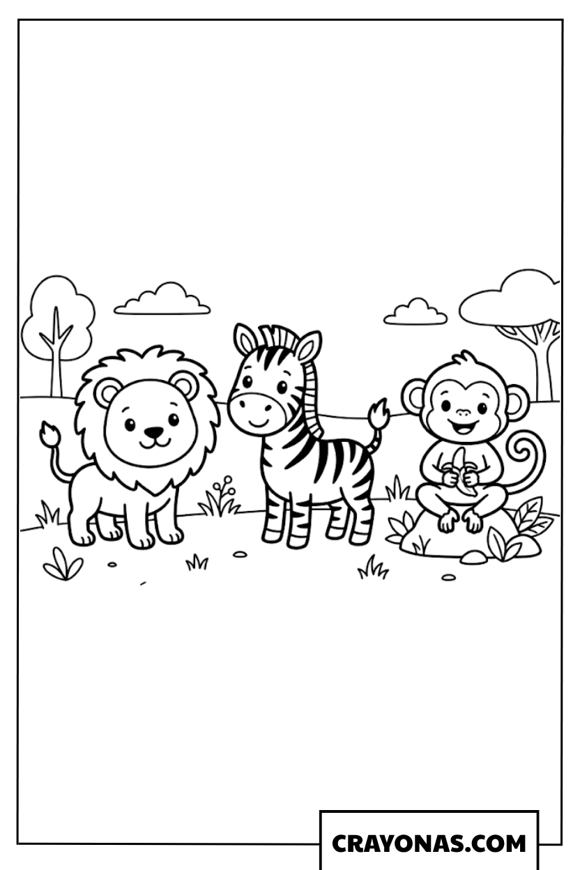 Simple Lion Zebra and Monkey Coloring Page