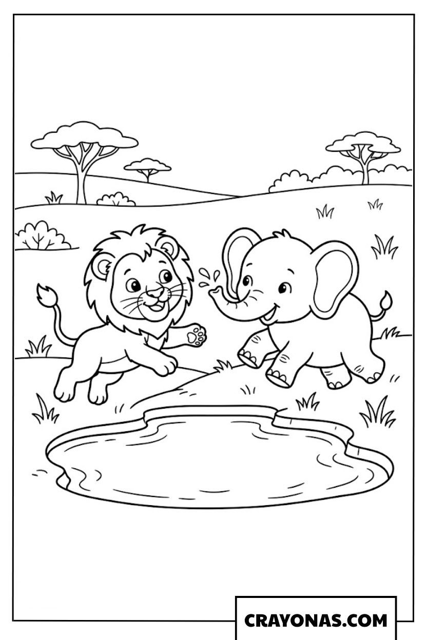 Simple Lion and Elephant at Watering Hole Coloring Page