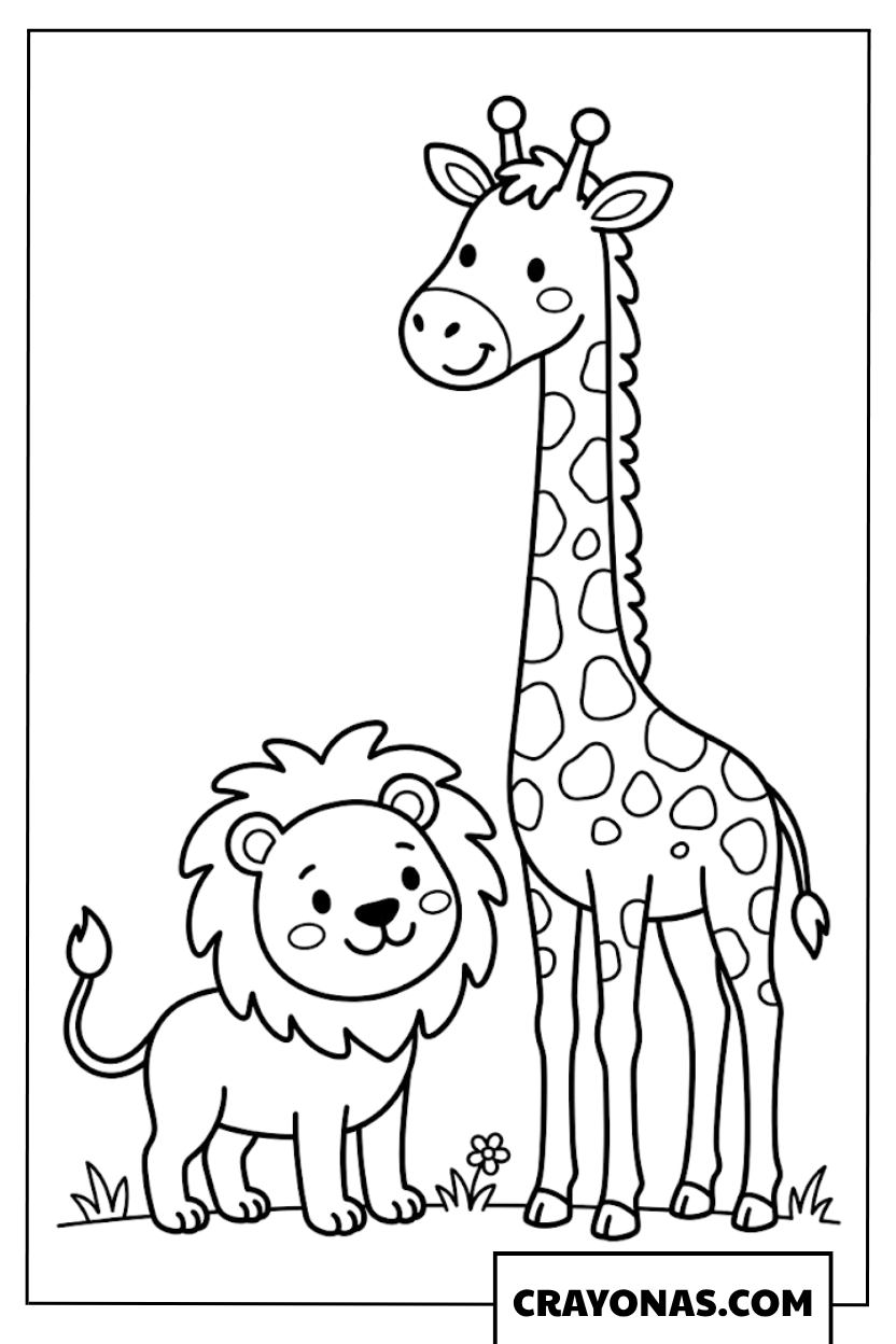 Simple Lion and Giraffe Coloring Page