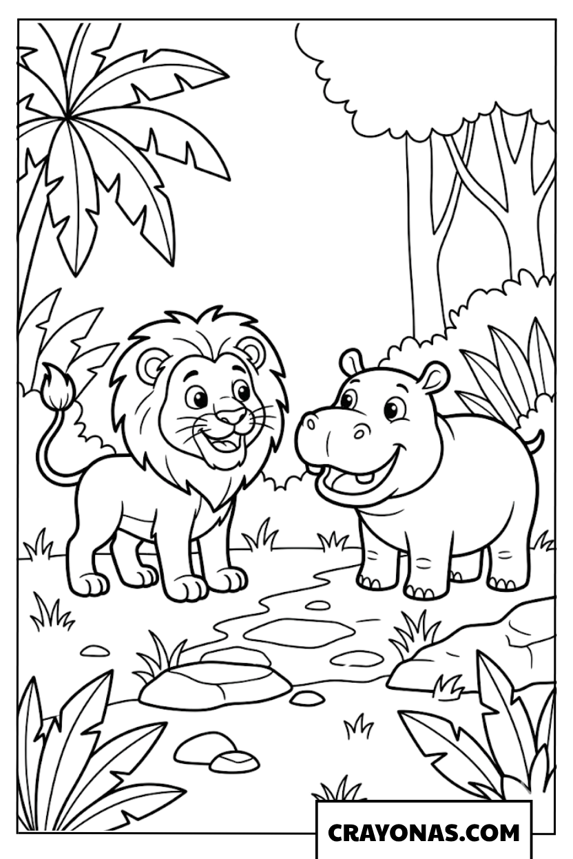 Simple Lion and Hippo Coloring Page