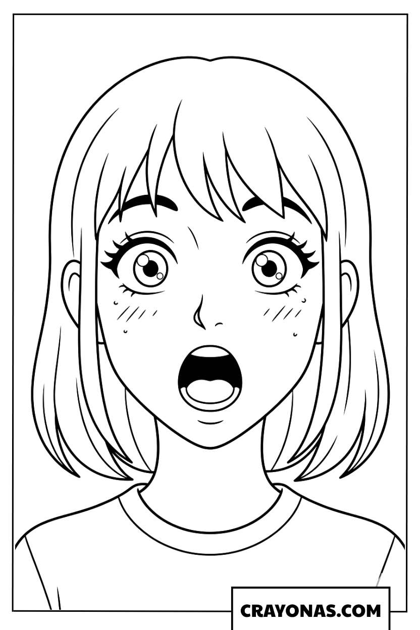 Simplified Anime Surprised Girl Face Coloring Page