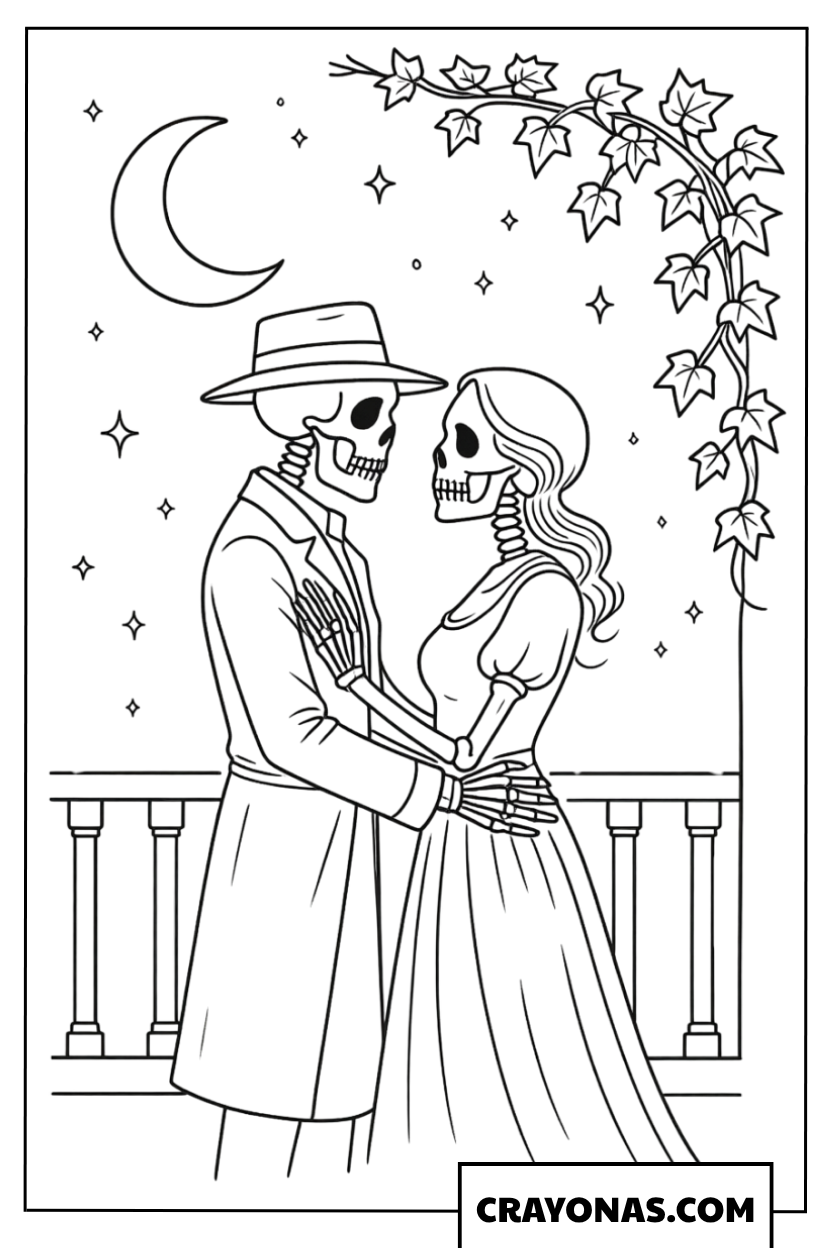 Skeleton Couple on a Moonlit Bench Coloring Page