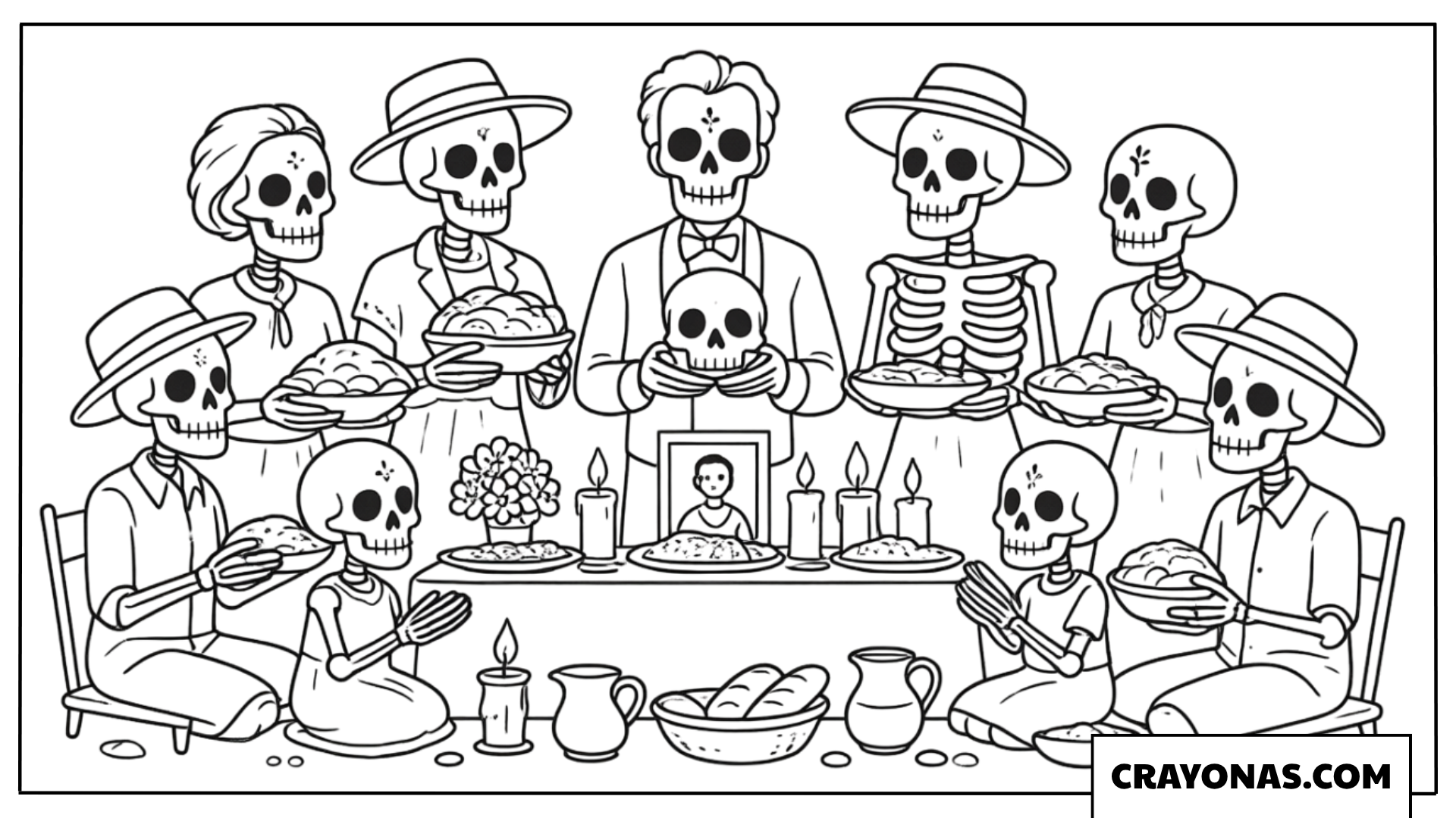 Skeleton Family Dinner Party Coloring Page