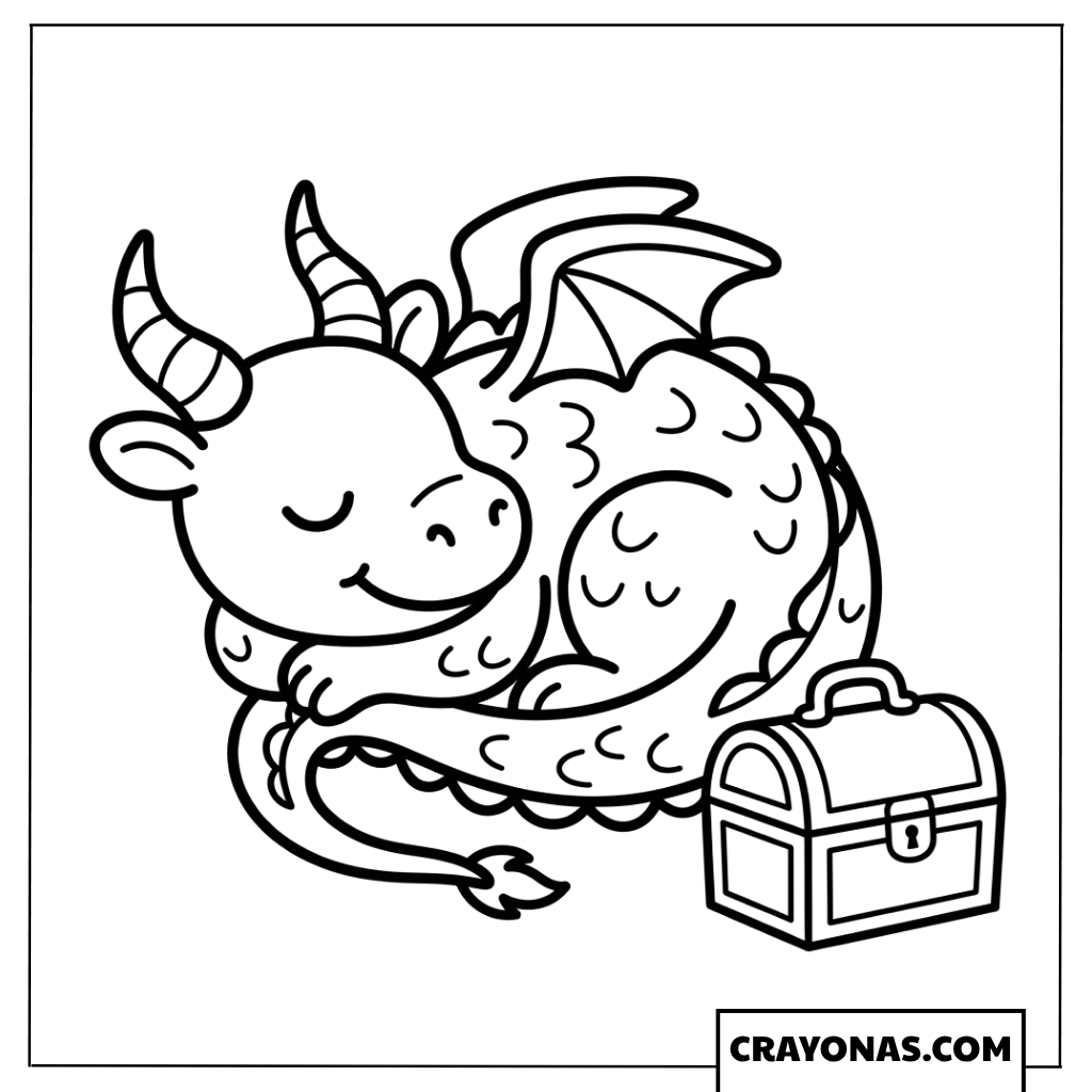 Sleeping Baby Dragon with Treasure Chest Coloring Page
