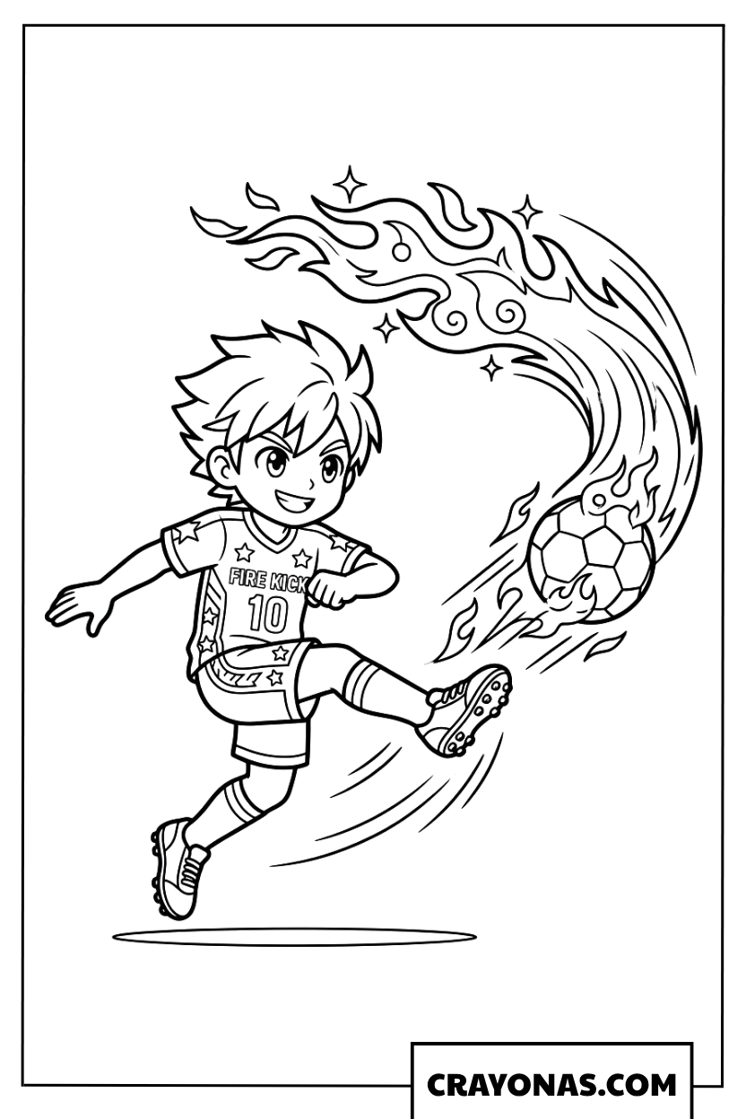 Soccer Fire Kick Boy Coloring Page