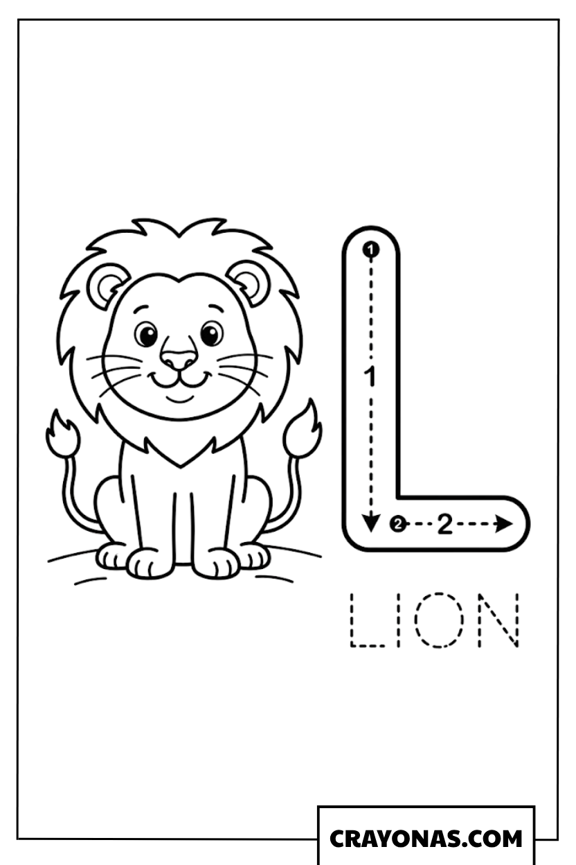 Tracing Letter L with Lion Coloring Page