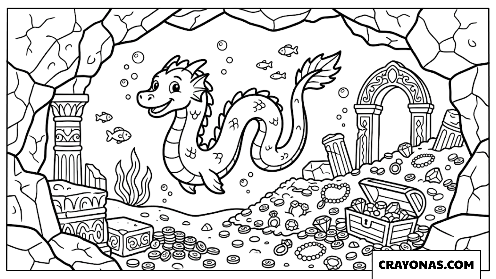 Underwater Dragon Treasure Cave Coloring Page