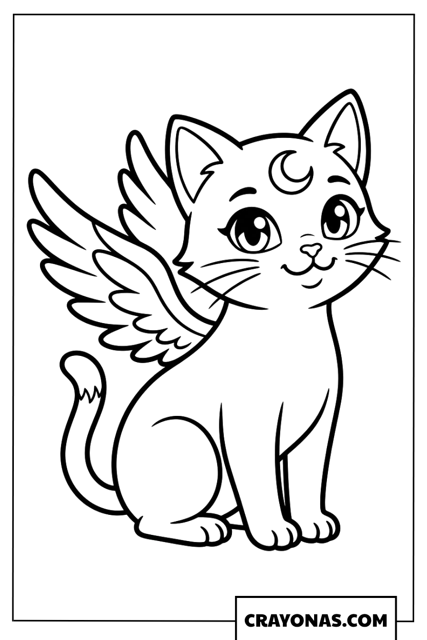 Winged Cat with Moon Coloring Page