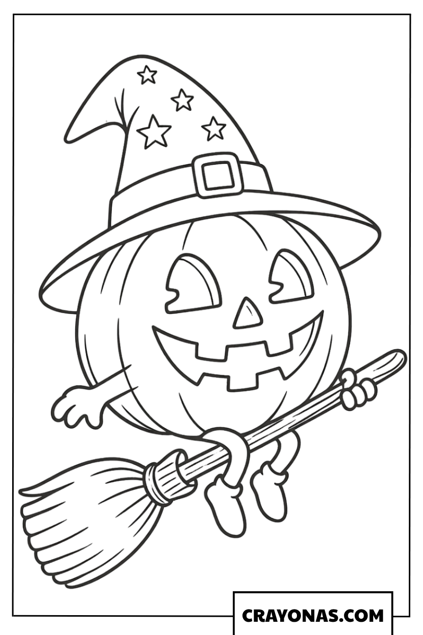 Witch Pumpkin on Broom Coloring Page