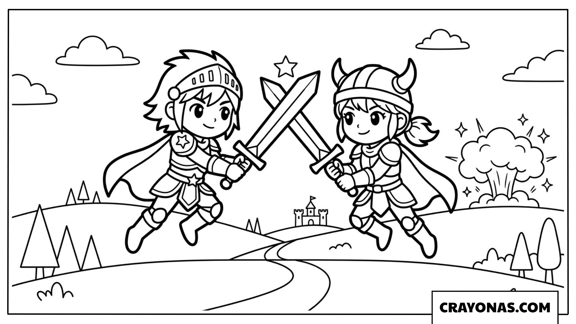 Young Warriors Sword Fight Coloring Page