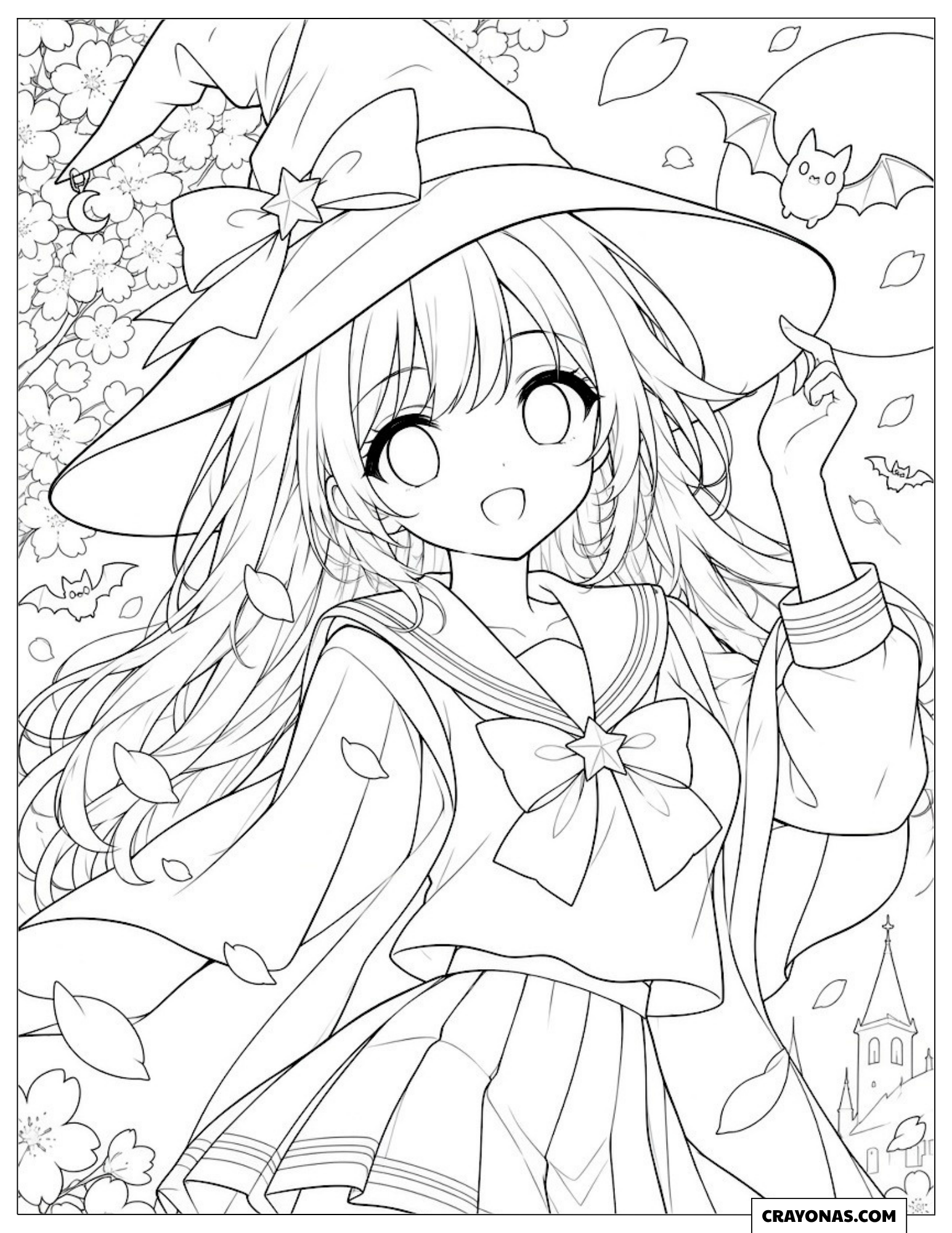 Anime schoolgirl in a sailor uniform and witch hat coloring sheet