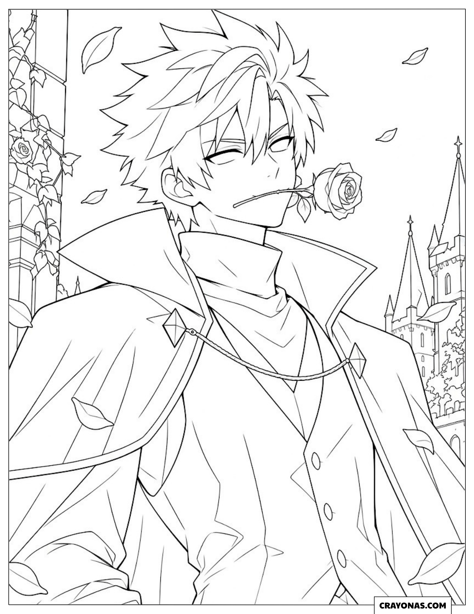 Anime-style vampire young master holding a rose in his mouth to color